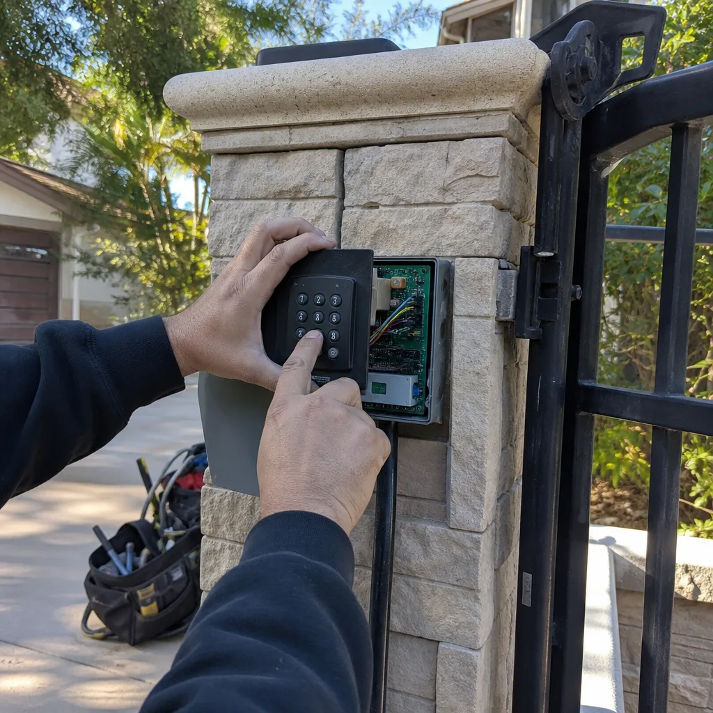Technician installing an electronic gate access control keypad system nationwide