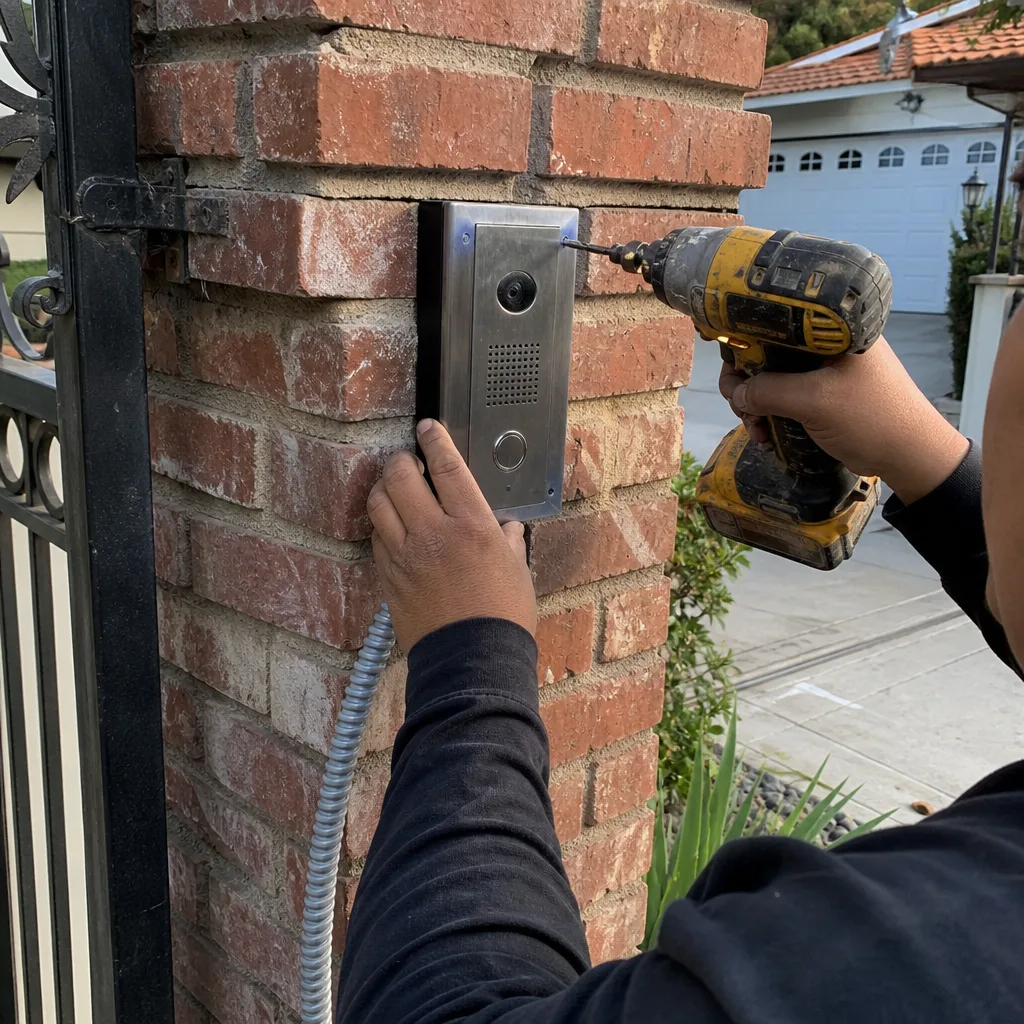 Technician installing a gate access control intercom system on brick column nationwide