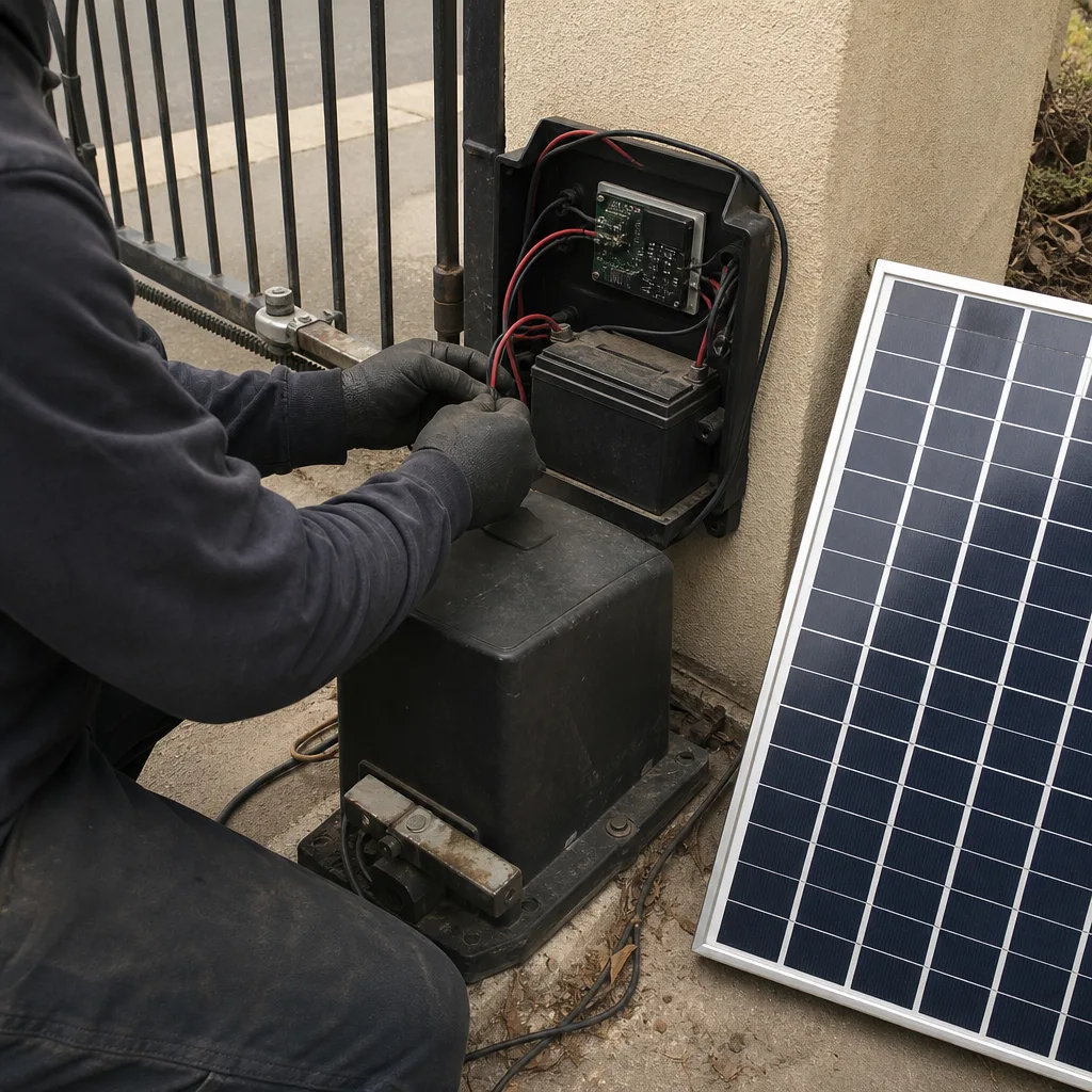 Technician performing maintenance on a solar-powered automatic gate access control system in Laguna Hills, CA