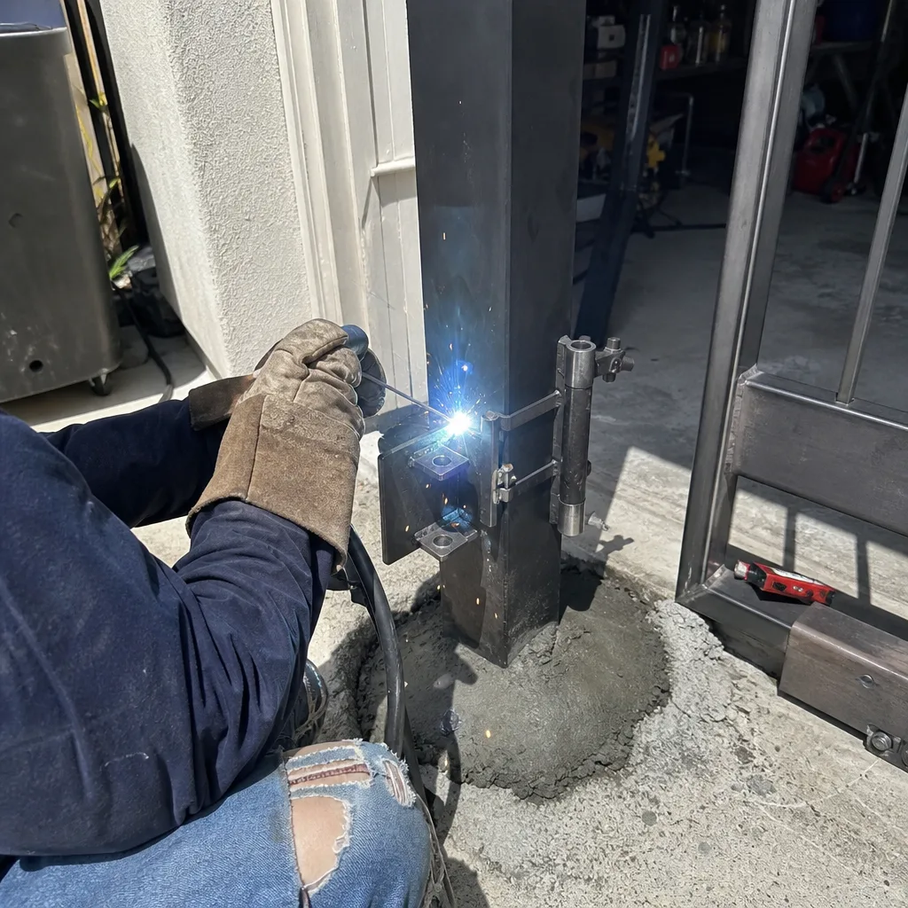 Welder installing a metal gate hinge onto a steel post