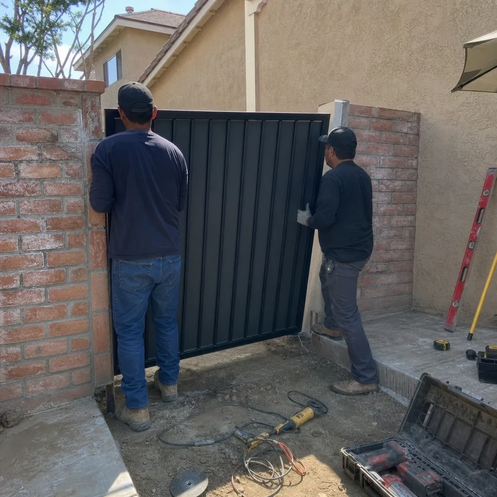 Two professional workers installing a black metal residential gate
