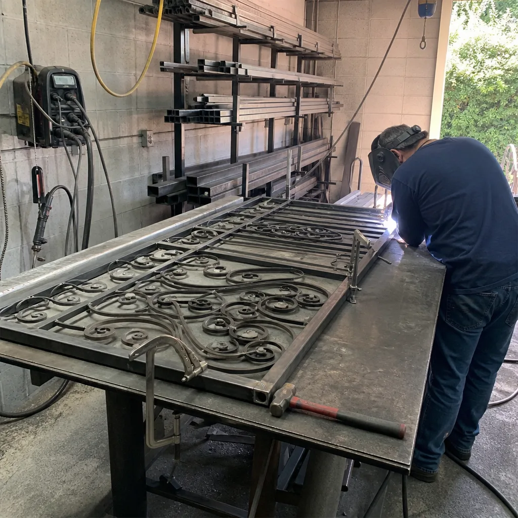 professional metal welder working on custom wrought iron gate fabrication nationwide
