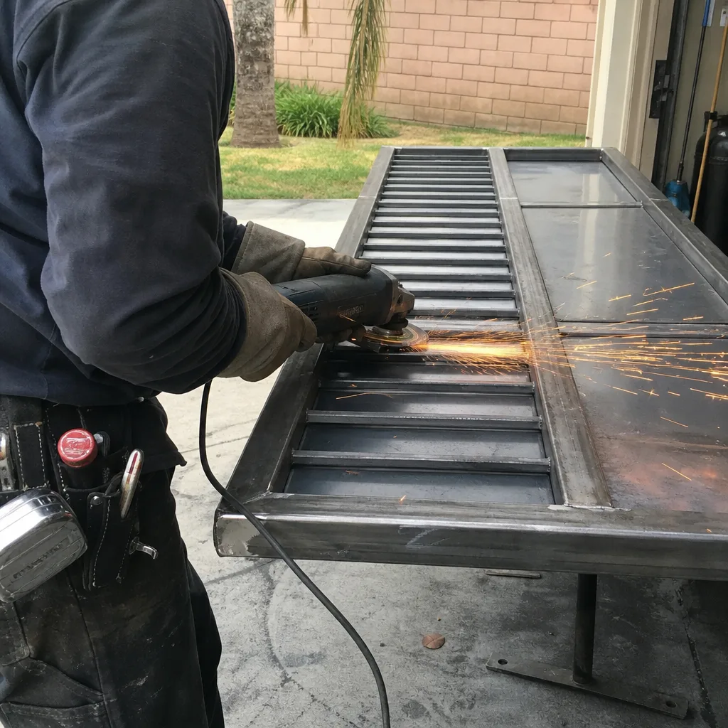 Professional welder using an angle grinder on a custom metal gate nationwide
