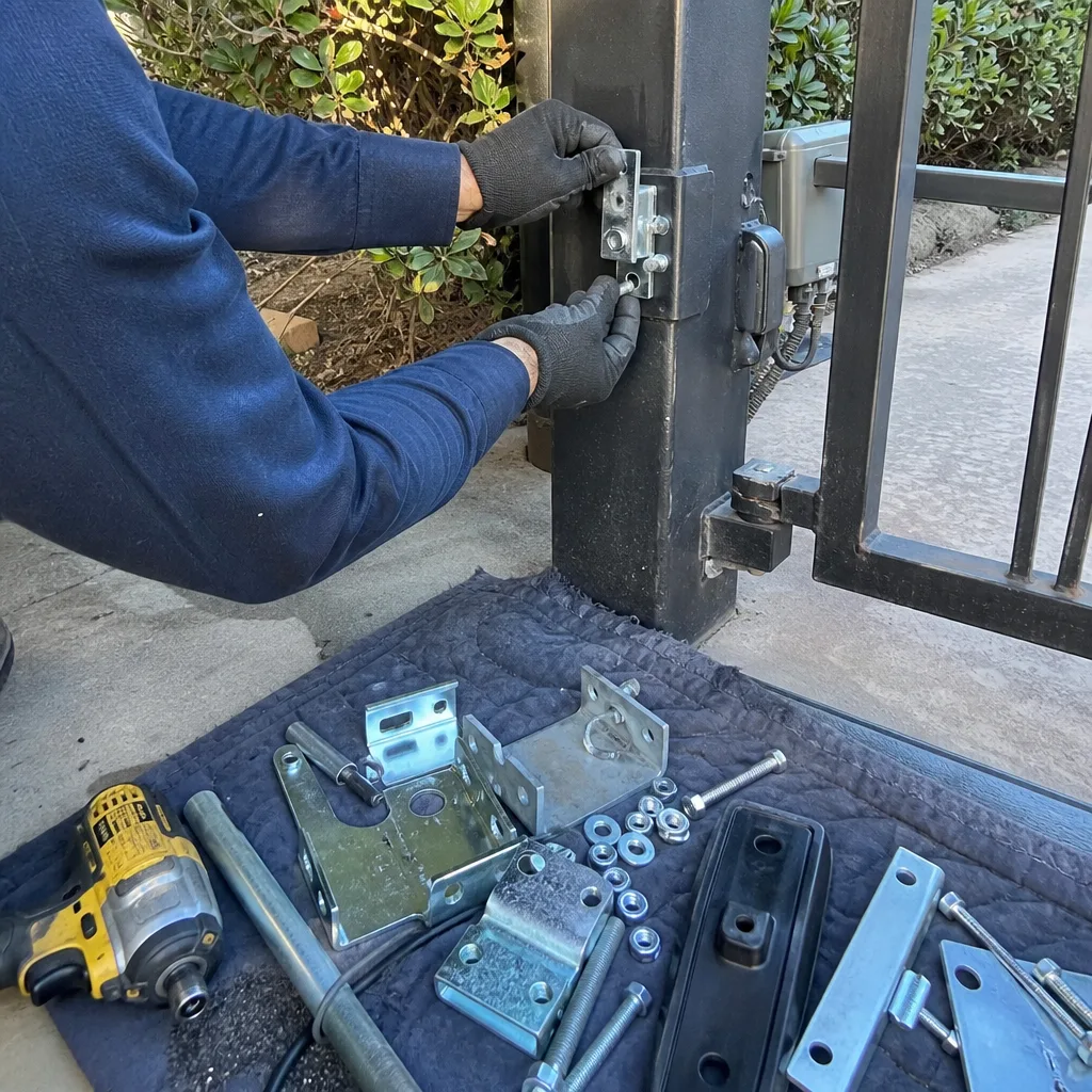 Technician performing professional gate repair by installing metal hardware components